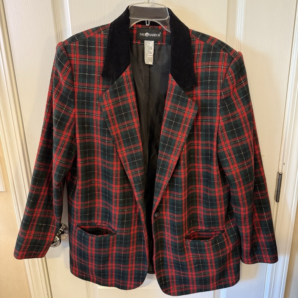 Vintage Sag Harbor Plaid‎ Wool Blazer Women's 16 Velvet Tartan English Country